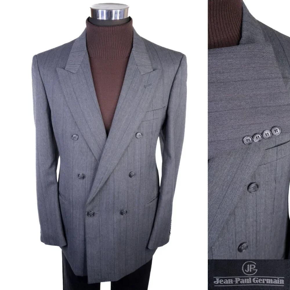 VTG Jean Paul Germain 44R Brown Stripe Wool Blend Double Breasted Suit Jacket